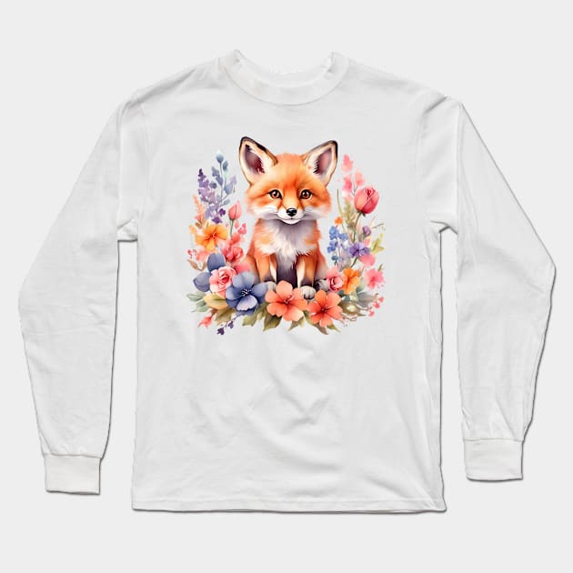 A red fox decorated with beautiful colorful flowers in a watercolor illustration Long Sleeve T-Shirt by CreativeSparkzz